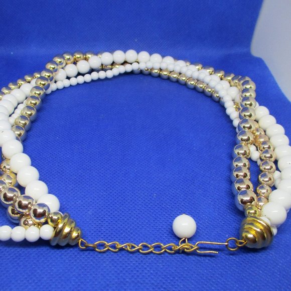 Four Strand Metallic Gold Tone White Beaded Necklace Multi Strand Bead  Necklace - Picture 5 of 10